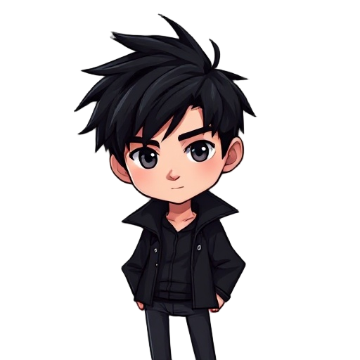 young man with messy black hair, wearing a black coat and dark pants. cool face, calm eyes, modern fantasy vibe.