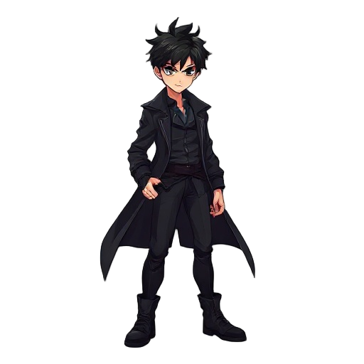 a mysterious young man in his early twenties with messy black hair and sharp eyes. he wears a long dark coat, fitted black clothes, and sturdy boots. his stance is calm but powerful, giving off a confident and heroic vibe. inspired by modern dark fantasy 