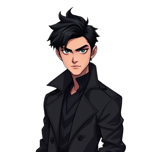 male hero with black tousled hair, sharp handsome face, wearing a dark trench coat and slim clothes. cool, mysterious, modern style. inspired by stylish dark fantasy aesthetics.