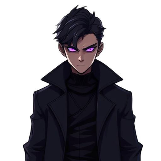 strong young man with shadow over his face, only sharp glowing purple eyes visible. wears a long black coat and dark clothes. calm, powerful, mysterious vibe.