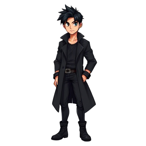 full body character of a tall, mature young man with messy black hair and sharp, confident eyes. he wears a long black trench coat, fitted dark pants, and sturdy black boots. athletic build with a calm, powerful, and mysterious presence. modern dark fanta