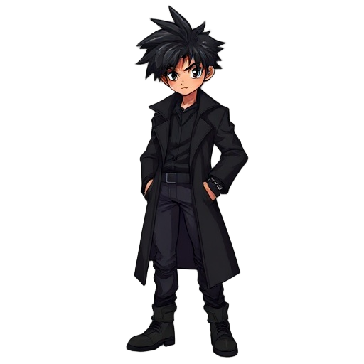 full body character of a tall, mature young man with messy black hair and sharp, confident eyes. he wears a long black trench coat, fitted dark pants, and sturdy black boots. athletic build with a calm, powerful, and mysterious presence. modern dark fanta
