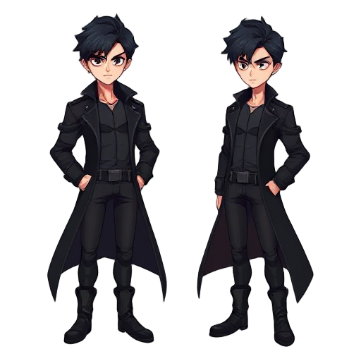 a dark-haired male character standing confidently. he wears a long black coat, tight dark clothing, and boots. his expression is calm and serious, with a mysterious aura. stylish and powerful look, suitable for a modern fantasy game.