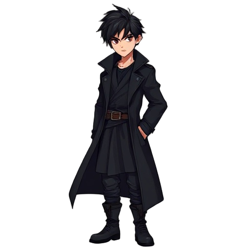 a tall young man in his twenties with unkempt black hair and intense eyes. he wears a long black coat over dark clothes and boots. his look is calm and confident, with a quiet strength. he feels like a main character in a modern dark fantasy story.