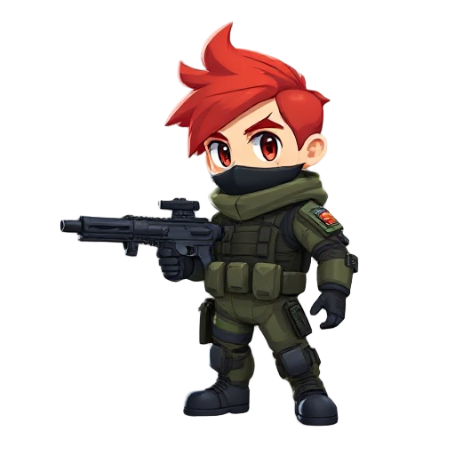 chiby character with red colored hair wearing army suit holding a weapon in his left hand
