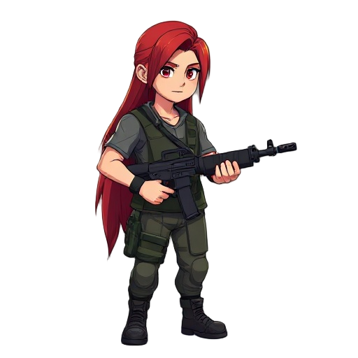 a soldier with long hair red colored wearing shirt and holding bazoka