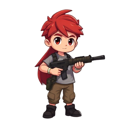 a chiby boy soldier with long hair red colored wearing shirt and holding bazoka