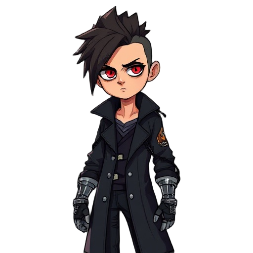 cyberpunk male character with mid fade mullet, red cybernetic eye, black trench coat with wires, metal glove, tired but young face, serious expression, front view, no background.
