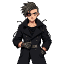 cyberpunk male character with mid fade mullet, red cybernetic eye, black trench coat with wires, metal glove, tired but young face, serious expression, front view, no background.
