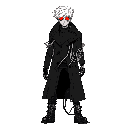 young man, white mid fade hair, one red cyber eye, one brown eye, black trench coat with wires, metal glove, serious tired face, light scars, heavy boots, front view, no background.