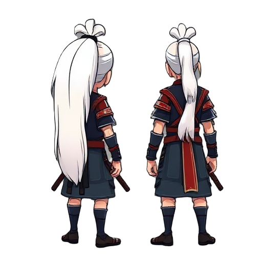 samurai with long white hair pony style front and back 