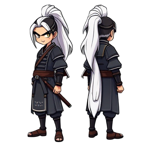 samurai with long white hair pony style front and back  side angle 