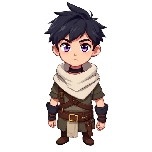 anime-style young man with short, messy black hair, purple eyes, wearing a black choker, a white draped cowl/scarf, and brown leather chest straps with gold buckles. fantasy adventurer look.