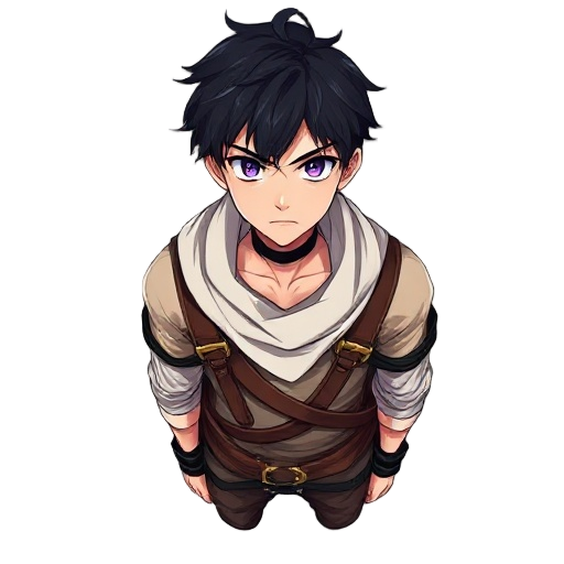 anime-style young man with short, messy black hair, purple eyes, wearing a black choker, a white draped cowl/scarf, and brown leather chest straps with gold buckles. fantasy adventurer look.
