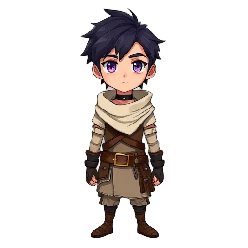 anime-style young man with short, messy black hair, purple eyes, wearing a black choker, a white draped cowl/scarf, and brown leather chest straps with gold buckles. fantasy adventurer look.
