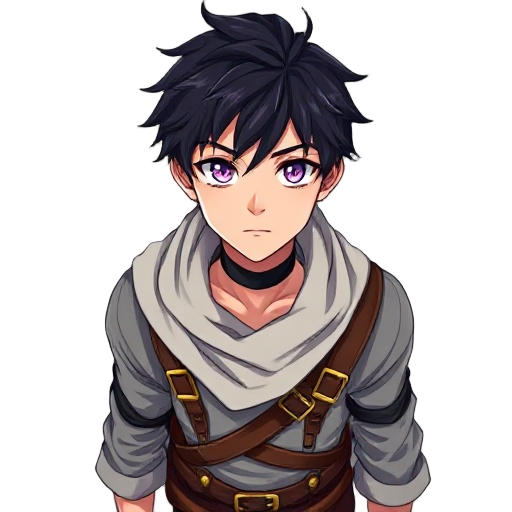 anime-style young man with short, messy black hair, purple eyes, wearing a black choker, a white draped cowl/scarf, and brown leather chest straps with gold buckles. fantasy adventurer look.