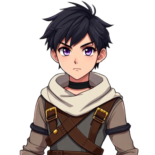 anime-style young man with short, messy black hair, purple eyes, wearing a black choker, a white draped cowl/scarf, and brown leather chest straps with gold buckles. fantasy adventurer look.