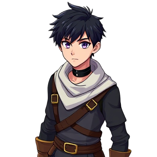 anime-style young man with short, messy black hair, purple eyes, wearing a black choker, a white draped cowl/scarf, and brown leather chest straps with gold buckles. fantasy adventurer look.