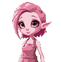a sweet and young girl with pink hair and a chef's apron. her skin tone is also pink and her ears are a little pointed and the tip of her nose is shiny. an alien and humanoid woman