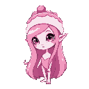a sweet and young woamn with long pink hair and cake shaped hat her skin tone is also pink and her ears are a little pointed and the tip of her nose is shiny. an alien and humanoid woman