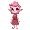 a sweet and young girl with pink hair and a chef's apron. her skin tone is also pink and her ears are a little pointed and the tip of her nose is shiny. an alien and humanoid girl.