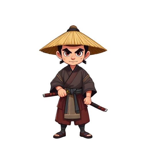 samurai ,kimono ,bamboo straw hat,  katana