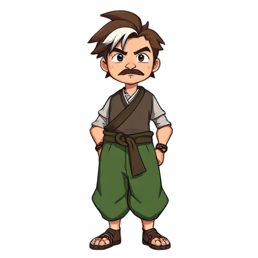 middle-aged adventurer. he has messy brown hair with a prominent white streak in his bangs. he has a light goatee and a confident expression. wearing a he wears baggy green hakama-style pants tucked