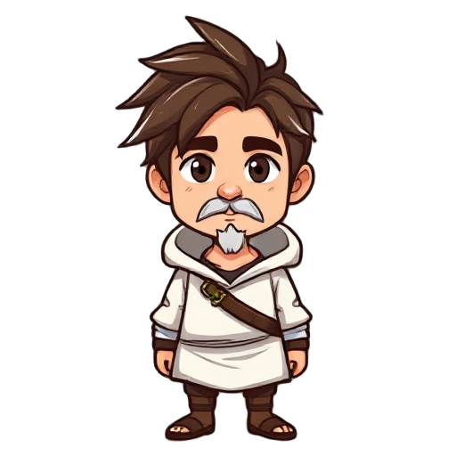haracter sprite of a middle-aged adventurer. he has messy brown hair with a prominent white streak in his bangs. he has a light goatee and a confident expression. wearing a white hooded tunic 