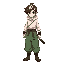 full body sprite swordsman. brown hair with a white streak, white hooded tunic, baggy green hakama pants, boots. confident pose