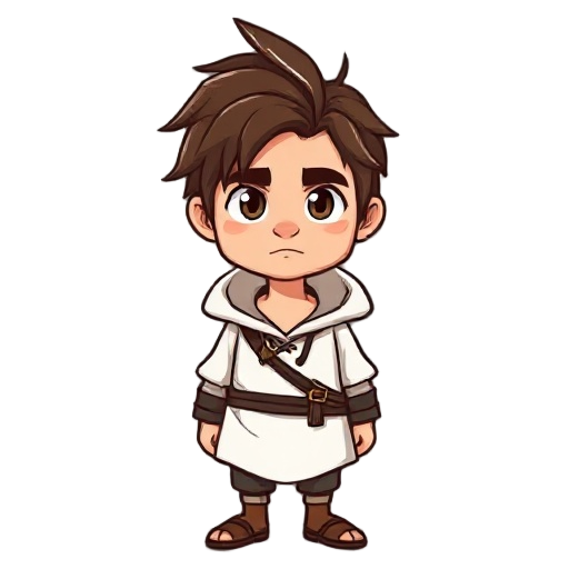haracter sprite of a middle-aged adventurer. he has messy brown hair with a prominent white streak in his bangs. he has a confident expression. wearing a white hooded tunic 