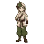 full body sprite of paul greyrat. brown hair with a white streak, white hooded tunic, baggy green hakama pants, boots. confident pose. solid green screen background.