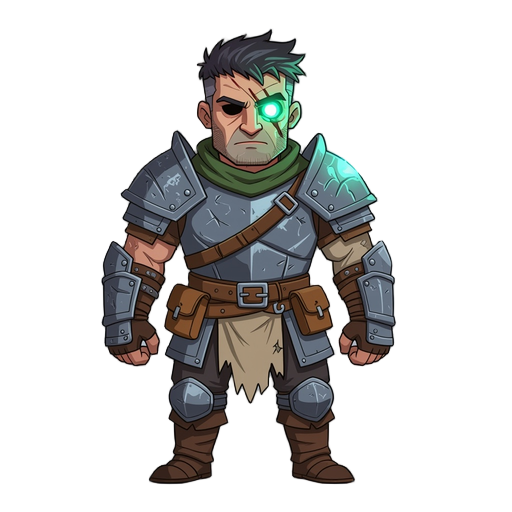 **character description:** - **appearance:** a grim, weathered male face with a scar over one eye. one eye glows with a faint magical energy (cyan or sickly green). short, messy dark hair. - **armor:** he wears a fusion of heavy, tarnished plate armor (pa