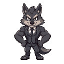 chibi humanoid wolf with big muscles wearing a suit