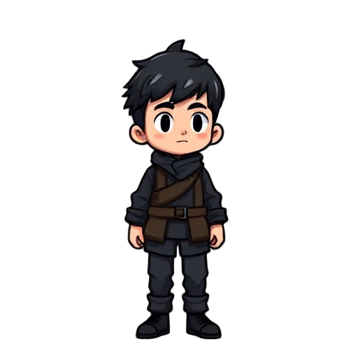 an old game sprite survival game type, male, normal height, normal weight, full black clothes, layered clothes.