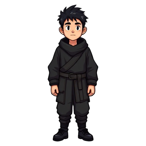 an old game sprite survival game type, male, normal height, normal weight, full black clothes, layered clothes. realistic,