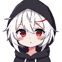 cute anime girl with a messy white hair and some red lines in it and crimson glowing eyes and a black hood 
