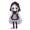 cute anime girl with a long white hair and crimson glowing eyes and a black hood