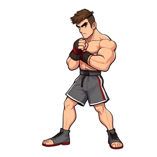 modern street fighter style boxer sprite, facing left, idle stance. bold outlines, cel-shaded, bold outlines, contrasting colors, exaggerated proportions