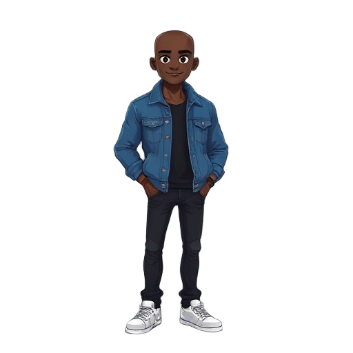 pixel beatem up character: black bald guy, blue denim jacket, black jeans, white sneakers