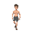 create a 2d top- down game sprite walking animation of a shirtless good looking guy in shorts