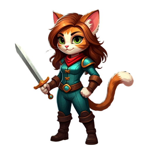 a heroic cat with a sword in her hand.