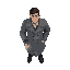 a man wearing a gray coat with a flashlight in hand