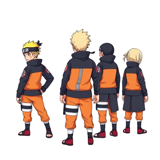 make naruto sprite, in ragnarok style, size medium 128 pixel, use high definition, with shading in 5~8 degrade, make 5 positions (front, diagonal, side, diagonal-back, back) 
