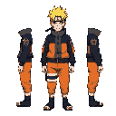 make naruto sprite, in ragnarok style, size medium 128 pixel, use high definition, with shading in 5~8 degrade, make 5 positions (front, diagonal, side, diagonal-back, back), neutral pose and separate
