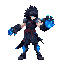 an giant fist cyber warrior,  pointed black hairs. blue and dark silver neon giant gloves, pointed black hairs, side-view