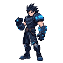 an giant fist cyber warrior,  pointed black hairs. blue and dark silver neon giant gloves, pointed black hairs, side-view