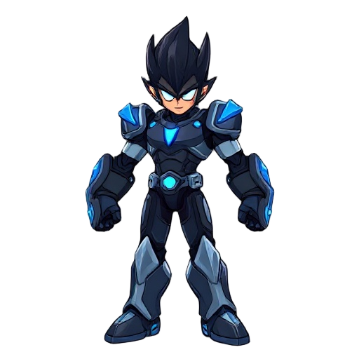 an giant fist cyber warrior,  pointed black hairs. blue and dark silver neon giant gloves. megaman like, pointed black hairs