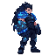 an giant fist cyber warrior,  pointed black hairs. blue and dark silver neon giant gloves, pointed black hairs, side-view