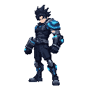 an giant fist cyber warrior,  pointed black hairs. blue and dark silver neon giant gloves, pointed black hairs, side-view