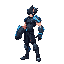 an giant fist cyber warrior,  pointed black hairs. blue and dark silver neon giant gloves, pointed black hairs, side-view